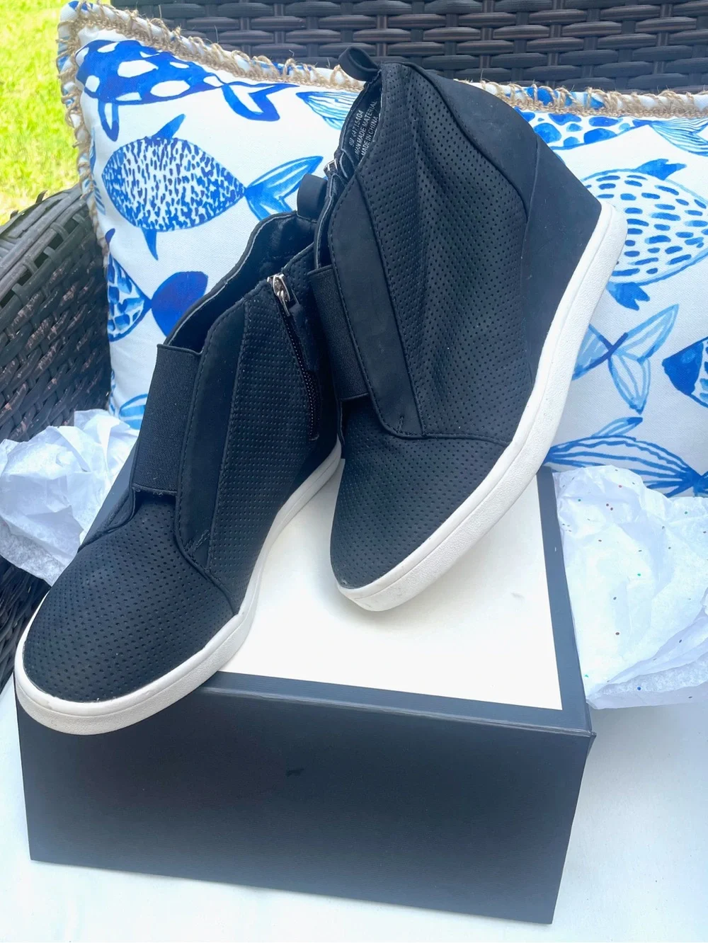 Black Perforated Wedge Sneaker with White Sole